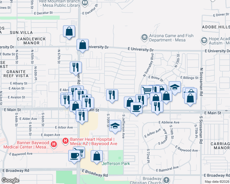 map of restaurants, bars, coffee shops, grocery stores, and more near 7090 East Main Street in Mesa