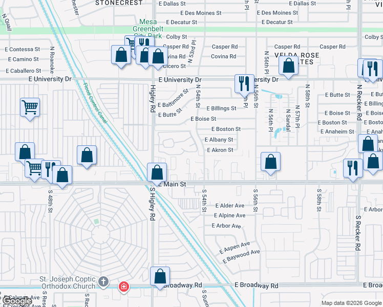 map of restaurants, bars, coffee shops, grocery stores, and more near 50 North 54th Street in Mesa