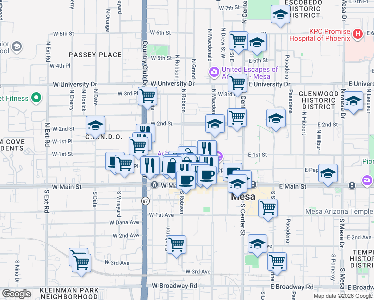 map of restaurants, bars, coffee shops, grocery stores, and more near 225 West 1st Street in Mesa