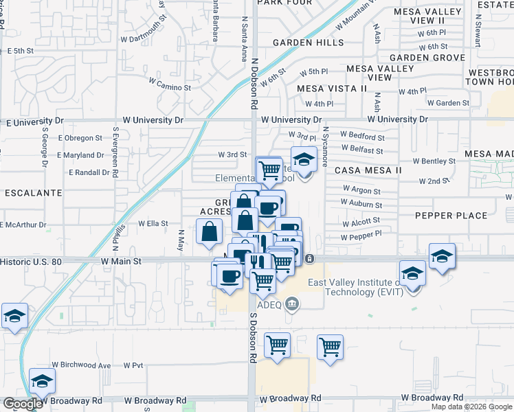 map of restaurants, bars, coffee shops, grocery stores, and more near 90 North Dobson Road in Mesa
