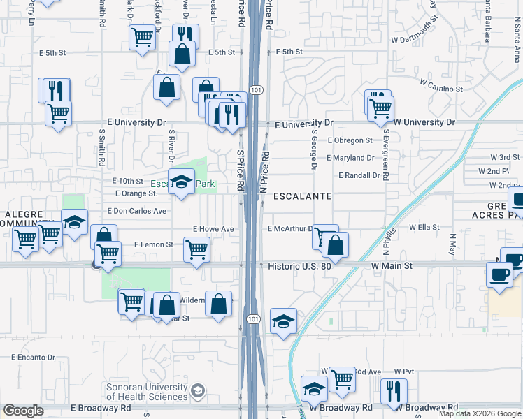 map of restaurants, bars, coffee shops, grocery stores, and more near 1019 South Price Road in Tempe