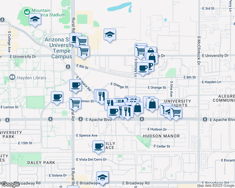map of restaurants, bars, coffee shops, grocery stores, and more near 1224 East Lemon Street in Tempe