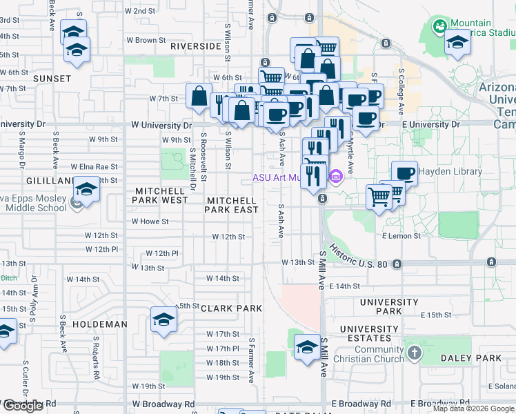 map of restaurants, bars, coffee shops, grocery stores, and more near 1109 South Farmer Avenue in Tempe
