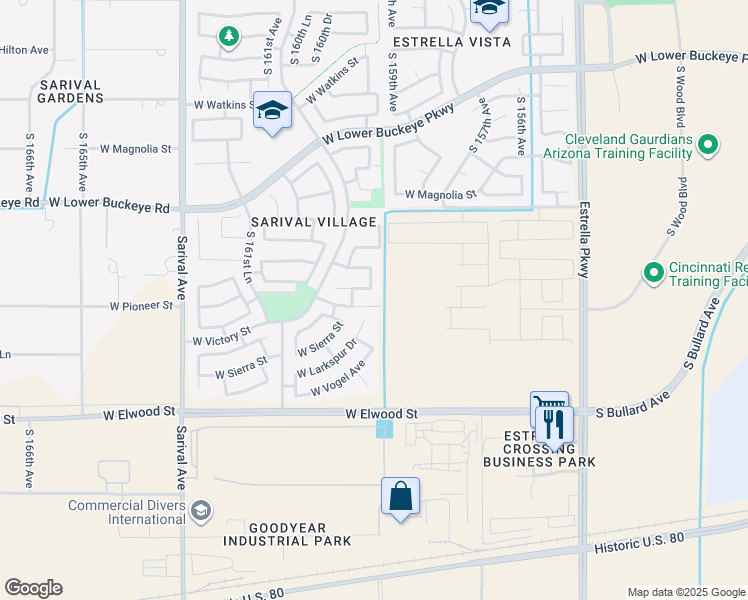 map of restaurants, bars, coffee shops, grocery stores, and more near 15945 West Larkspur Drive in Goodyear