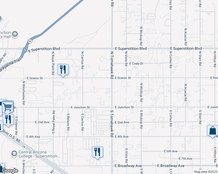 map of restaurants, bars, coffee shops, grocery stores, and more near 250 North Tomahawk Road in Apache Junction
