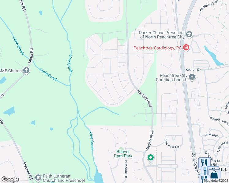 map of restaurants, bars, coffee shops, grocery stores, and more near 309 Lovell Avenue in Peachtree City