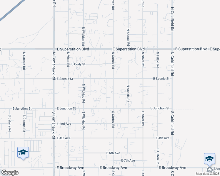 map of restaurants, bars, coffee shops, grocery stores, and more near 225 North Conestoga Road in Apache Junction