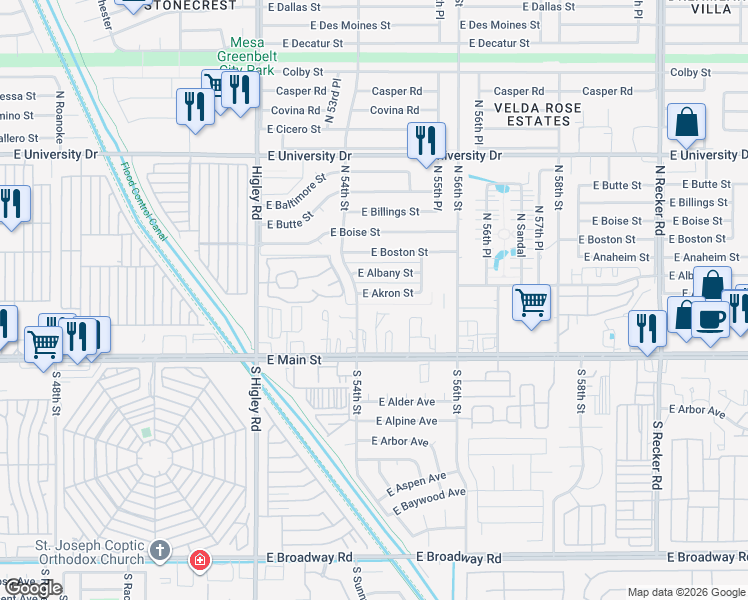 map of restaurants, bars, coffee shops, grocery stores, and more near 5414 East Main Street in Mesa