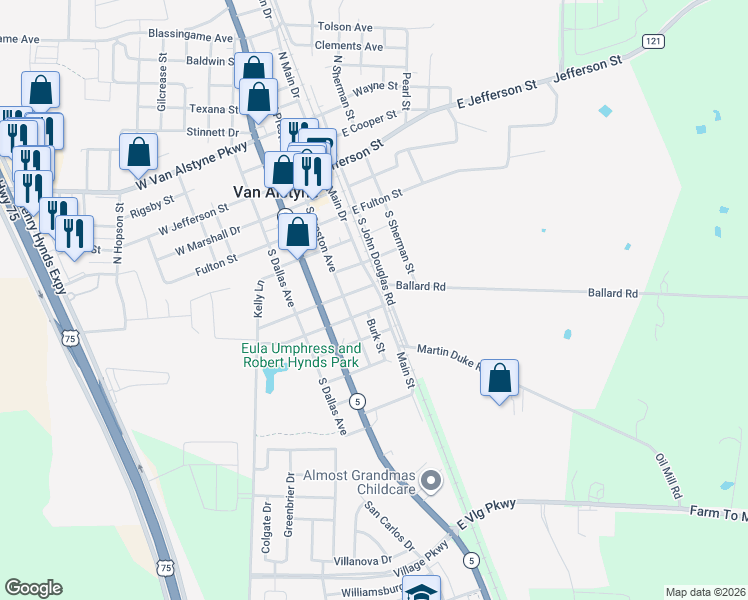 map of restaurants, bars, coffee shops, grocery stores, and more near 206 Houston Street in Van Alstyne