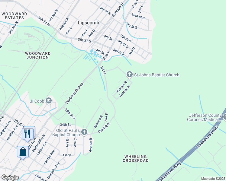 map of restaurants, bars, coffee shops, grocery stores, and more near 5300 Avenue R in Bessemer
