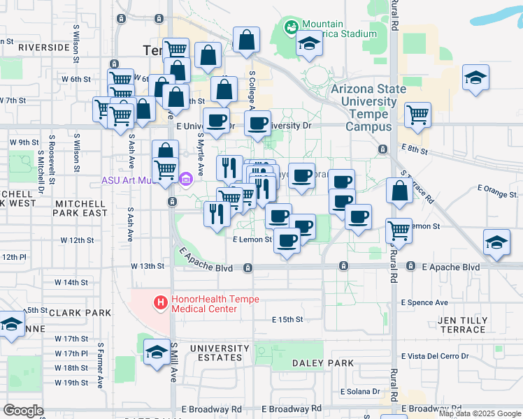 map of restaurants, bars, coffee shops, grocery stores, and more near 1290 South Normal Avenue in Tempe