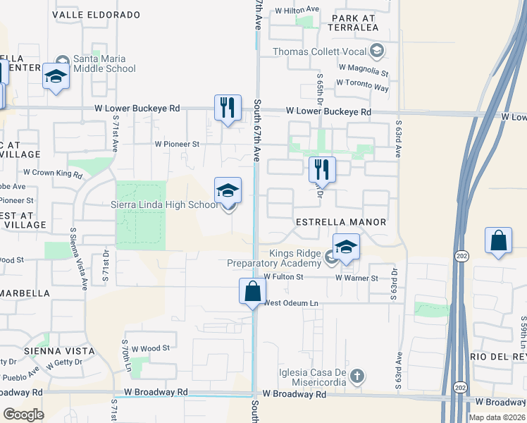 map of restaurants, bars, coffee shops, grocery stores, and more near 6629 West Superior Avenue in Phoenix