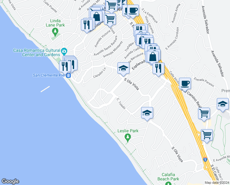 map of restaurants, bars, coffee shops, grocery stores, and more near 1004 Calle Toledo in San Clemente