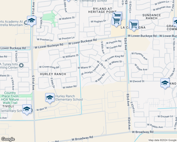map of restaurants, bars, coffee shops, grocery stores, and more near 8614 West Jocelyn Terrace in Tolleson