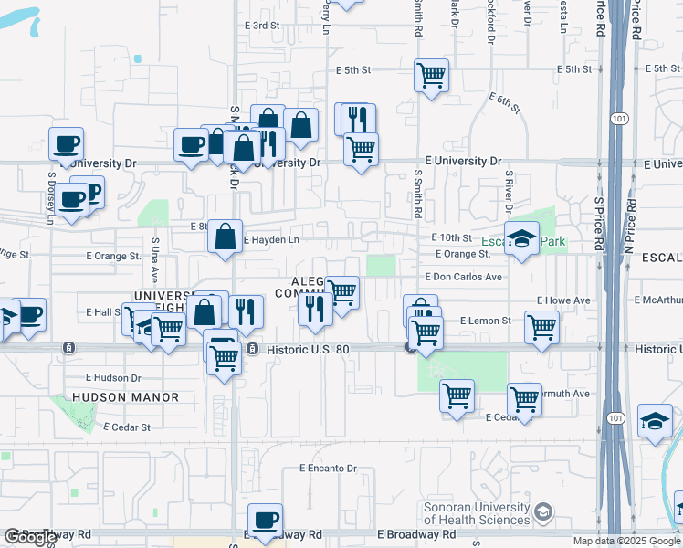 map of restaurants, bars, coffee shops, grocery stores, and more near 1886 East Don Carlos in Tempe