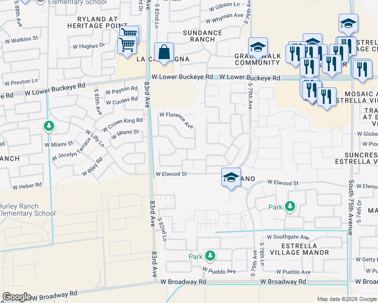 map of restaurants, bars, coffee shops, grocery stores, and more near 8113 West Globe Avenue in Phoenix