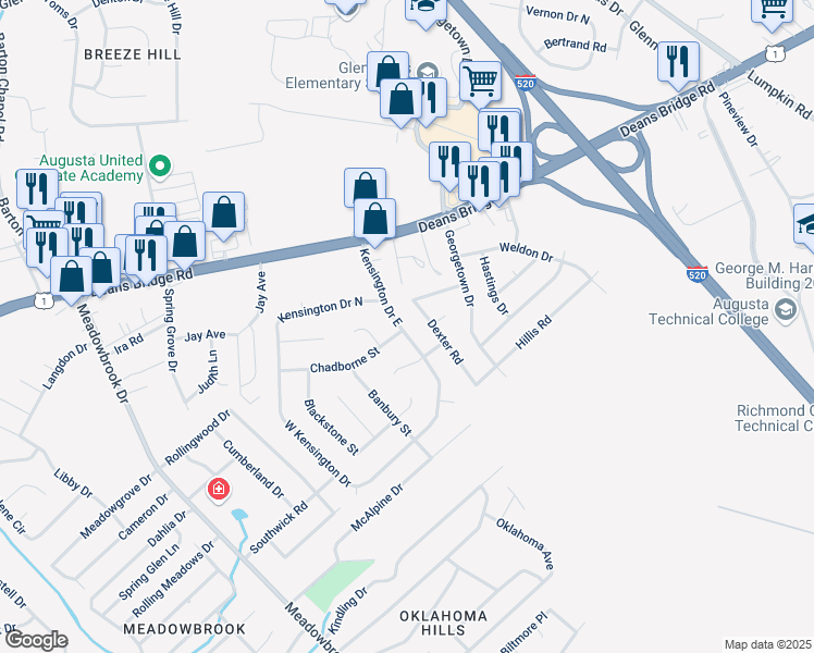 map of restaurants, bars, coffee shops, grocery stores, and more near 2528 Kensington Drive East in Augusta