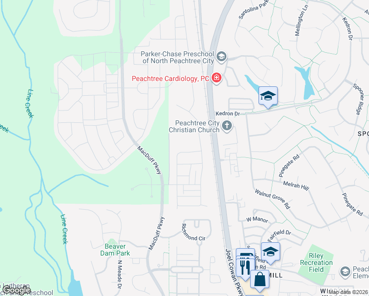 map of restaurants, bars, coffee shops, grocery stores, and more near 230 Widener Way in Peachtree City