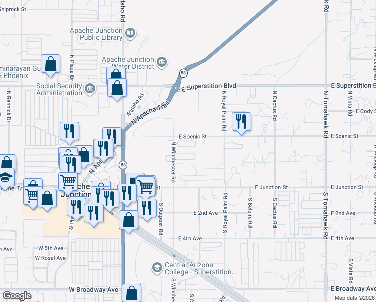 map of restaurants, bars, coffee shops, grocery stores, and more near Unnamed Road in Apache Junction