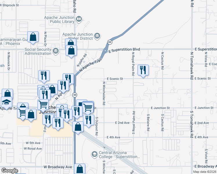map of restaurants, bars, coffee shops, grocery stores, and more near 269 North Winchester Road in Apache Junction