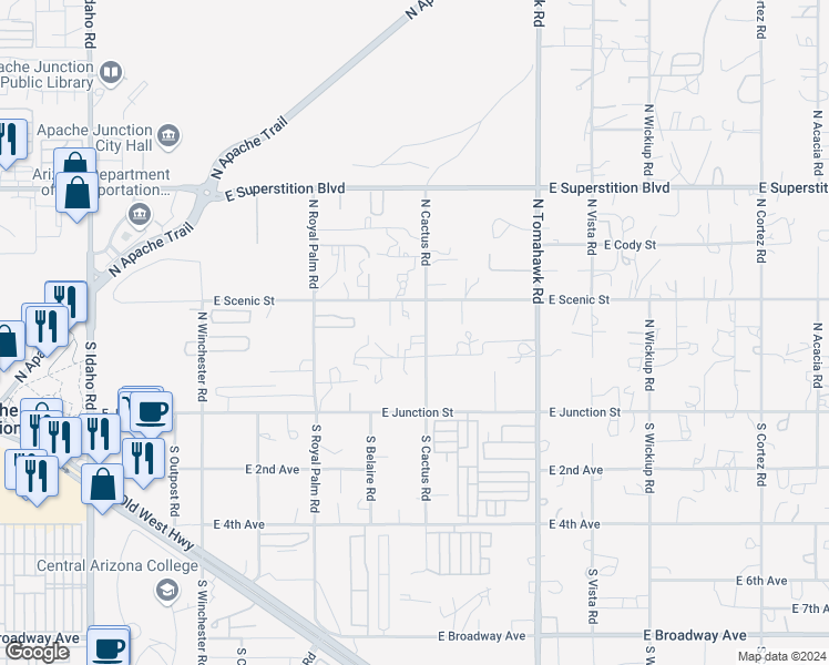 map of restaurants, bars, coffee shops, grocery stores, and more near 288 North Cactus Road in Apache Junction