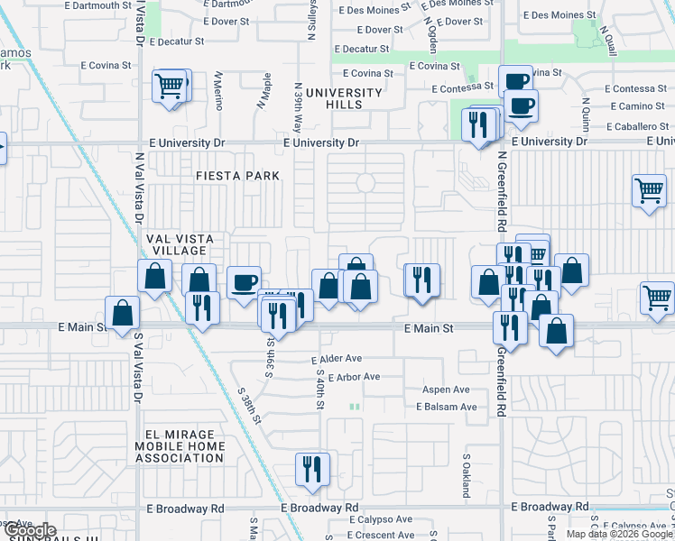 map of restaurants, bars, coffee shops, grocery stores, and more near 4026 East Main Street in Mesa