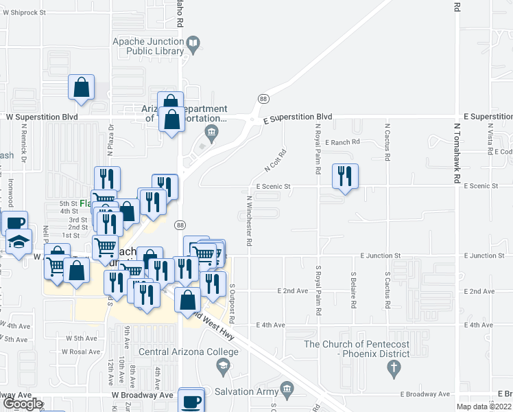 map of restaurants, bars, coffee shops, grocery stores, and more near 269 North Winchester Road in Apache Junction