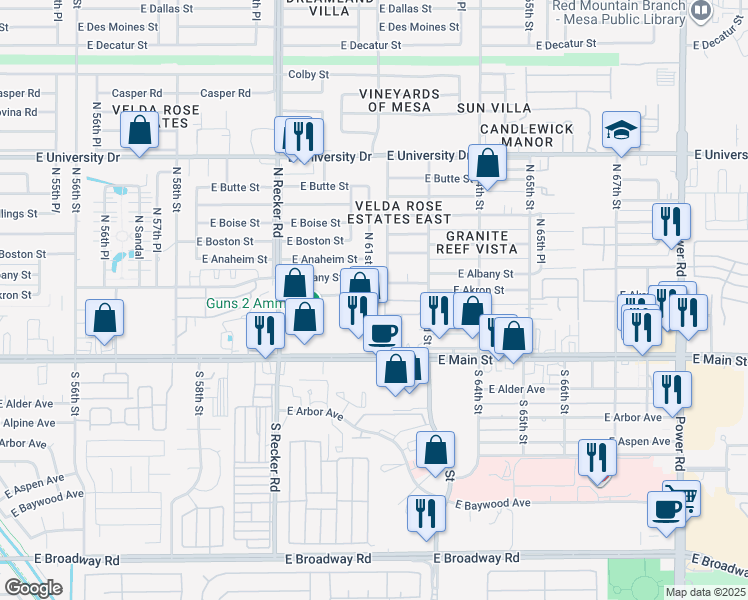 map of restaurants, bars, coffee shops, grocery stores, and more near 64 North 63rd Street in Mesa