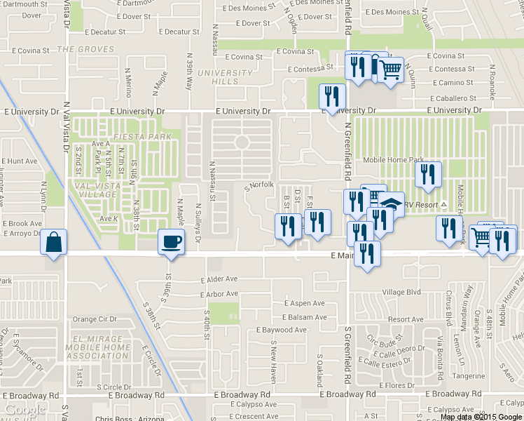 map of restaurants, bars, coffee shops, grocery stores, and more near 4150 East Main Street in Mesa