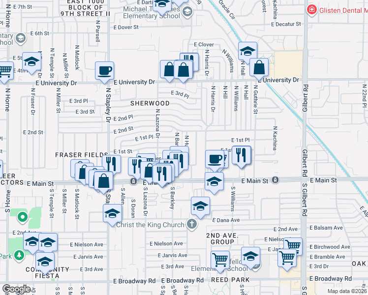 map of restaurants, bars, coffee shops, grocery stores, and more near 102 North Hunt Drive East in Mesa