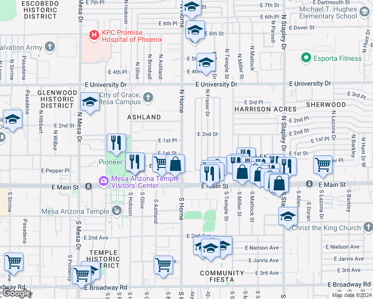 map of restaurants, bars, coffee shops, grocery stores, and more near 57 North Fraser Drive West in Mesa
