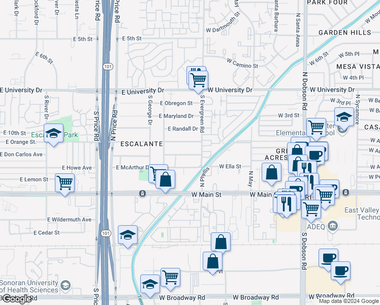 map of restaurants, bars, coffee shops, grocery stores, and more near 2540 East McArthur Drive in Tempe