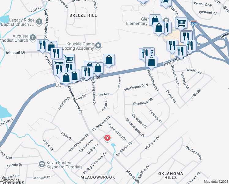 map of restaurants, bars, coffee shops, grocery stores, and more near 3020 Judith Lane in Augusta