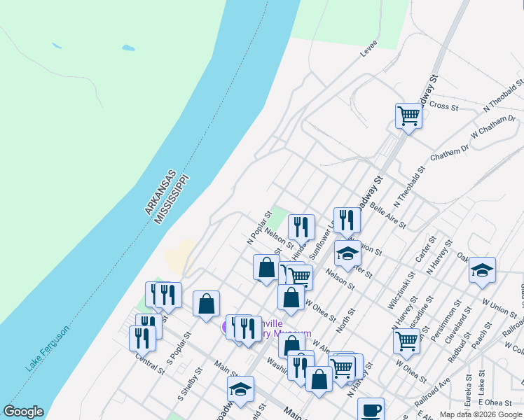 map of restaurants, bars, coffee shops, grocery stores, and more near 38701 North Poplar Street in Greenville