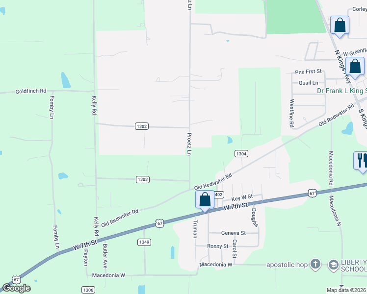 map of restaurants, bars, coffee shops, grocery stores, and more near 1706 Proetz Lane in Texarkana