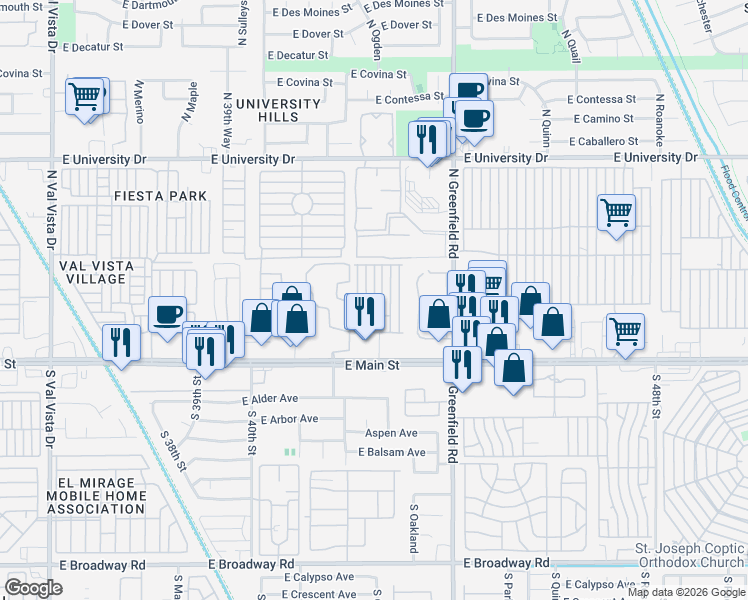 map of restaurants, bars, coffee shops, grocery stores, and more near M Street in Mesa