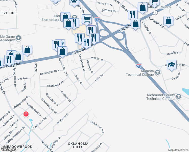 map of restaurants, bars, coffee shops, grocery stores, and more near 3331 Hillis Road in Augusta