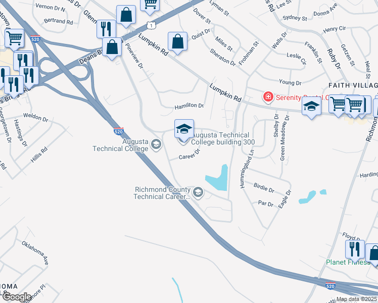 map of restaurants, bars, coffee shops, grocery stores, and more near 3200 Augusta Tech Drive in Augusta