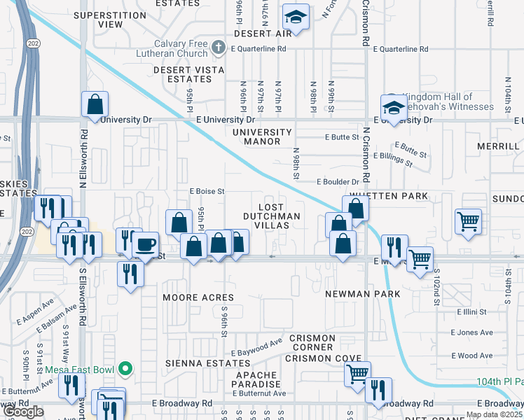 map of restaurants, bars, coffee shops, grocery stores, and more near 128 North Warren Street in Mesa