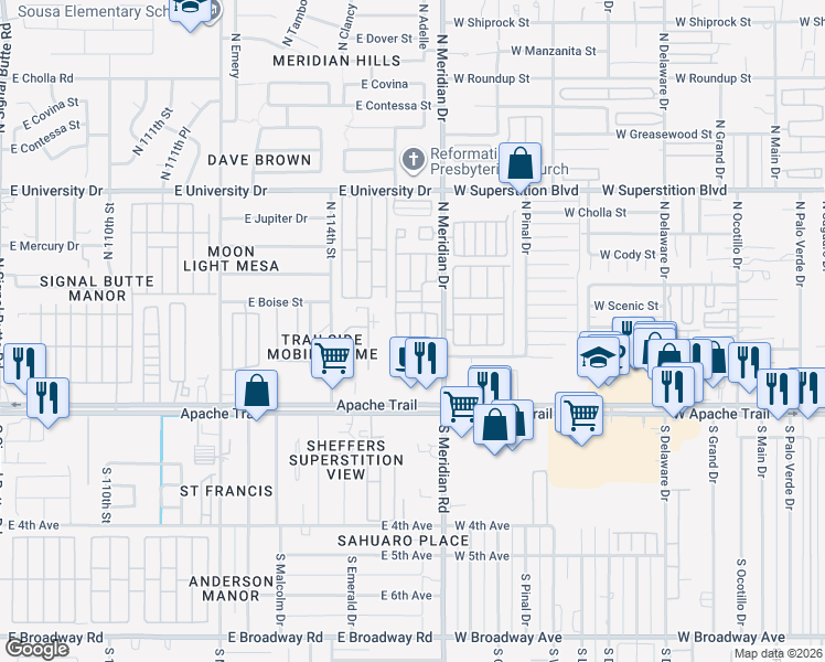 map of restaurants, bars, coffee shops, grocery stores, and more near 52 North Meridian Drive in Apache Junction
