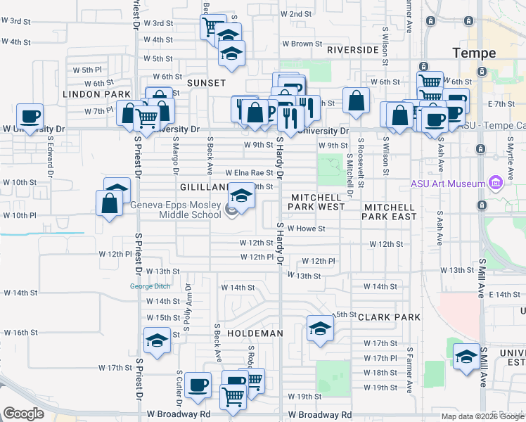 map of restaurants, bars, coffee shops, grocery stores, and more near 1043 West 10th Street in Tempe