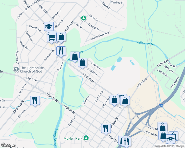 map of restaurants, bars, coffee shops, grocery stores, and more near 2311 20th Street North in Bessemer