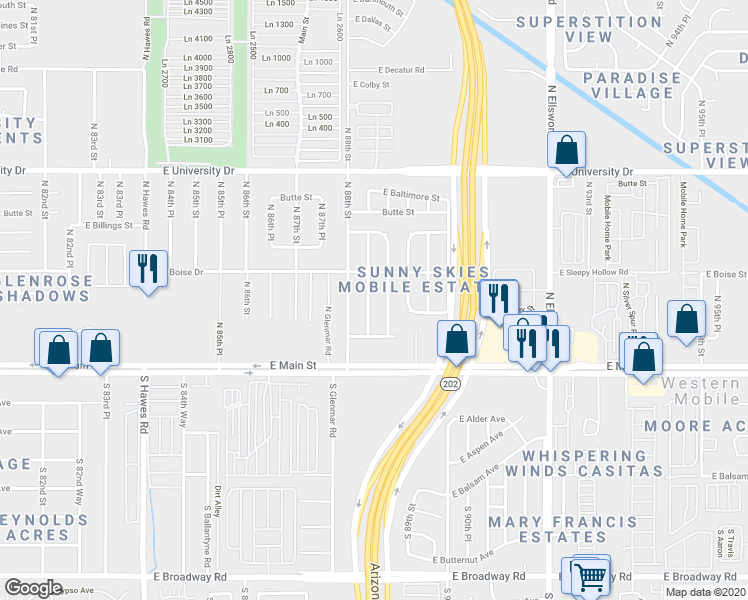 map of restaurants, bars, coffee shops, grocery stores, and more near 131 North 88th Place in Mesa