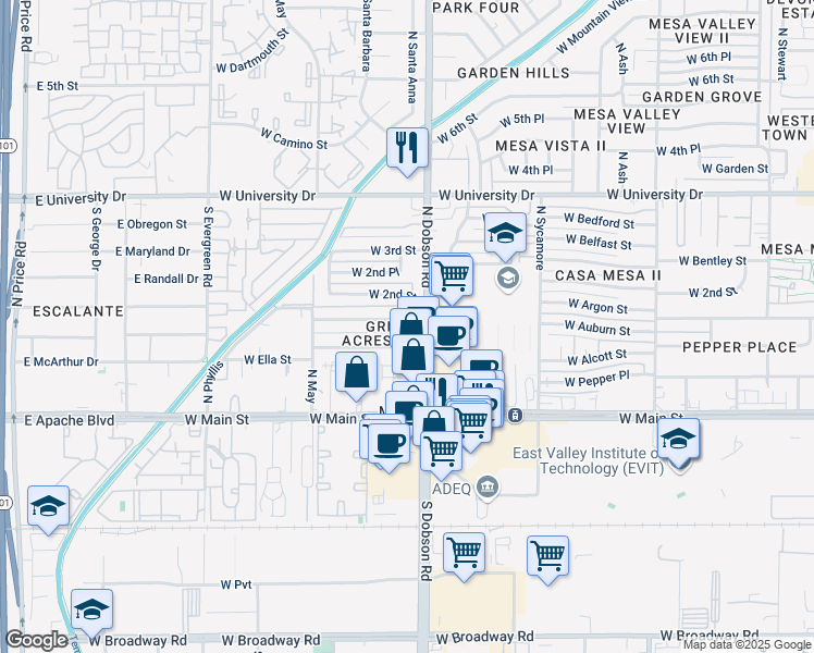 map of restaurants, bars, coffee shops, grocery stores, and more near in Mesa