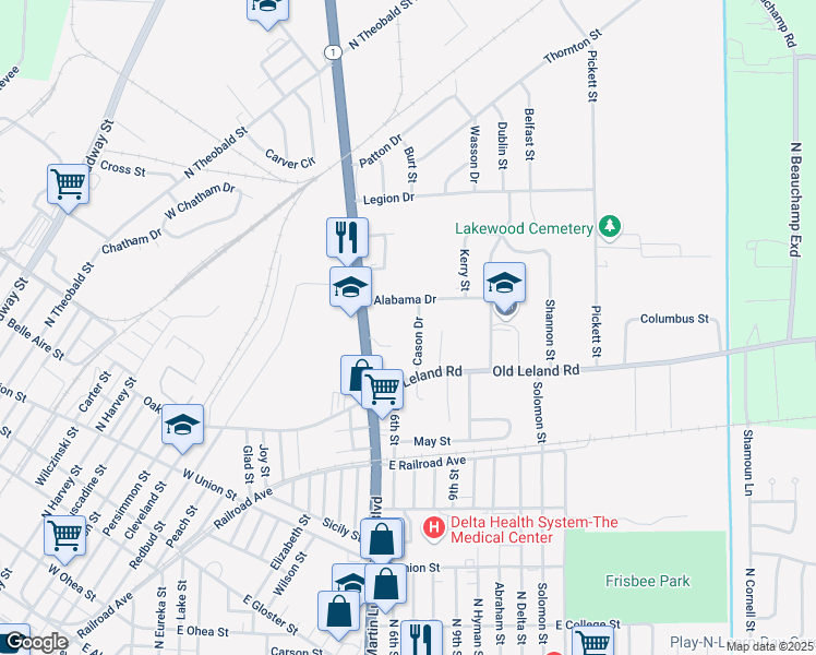 map of restaurants, bars, coffee shops, grocery stores, and more near 1621 Alabama Drive in Greenville