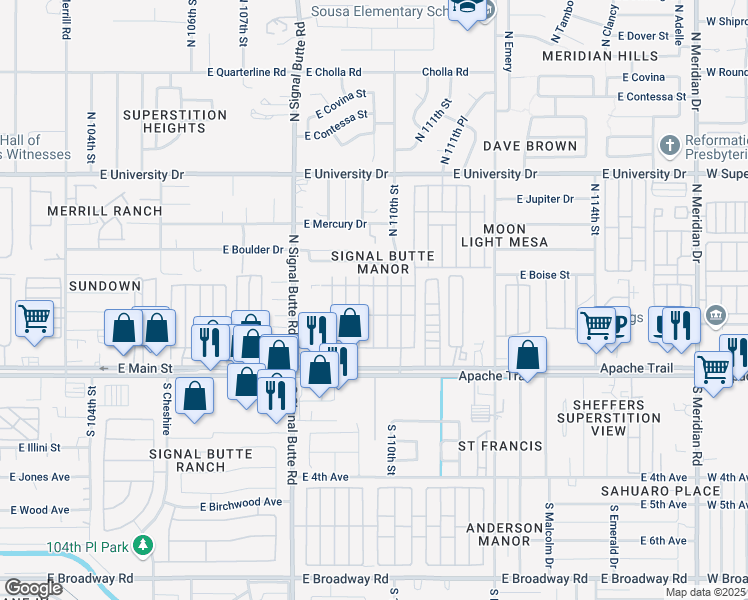 map of restaurants, bars, coffee shops, grocery stores, and more near 10941 East Boston Street in Apache Junction