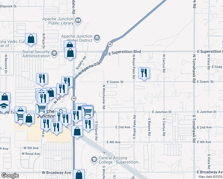 map of restaurants, bars, coffee shops, grocery stores, and more near 612 East Scenic Street in Apache Junction