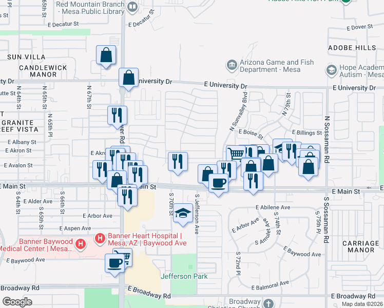 map of restaurants, bars, coffee shops, grocery stores, and more near E 3rd Ave in Mesa