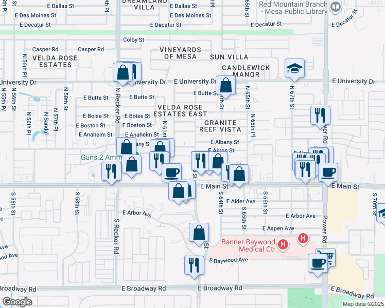 map of restaurants, bars, coffee shops, grocery stores, and more near 137 North 62nd Place in Mesa
