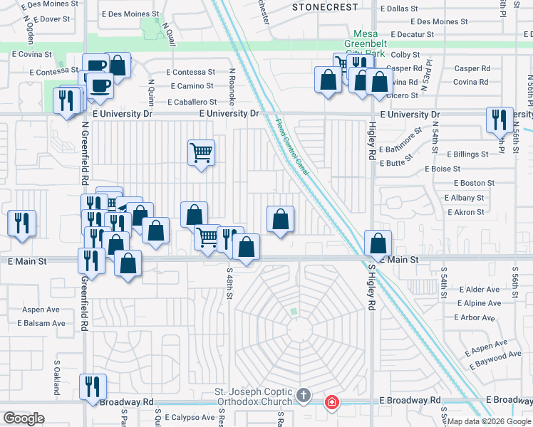 map of restaurants, bars, coffee shops, grocery stores, and more near 4860 East Main Street in Mesa